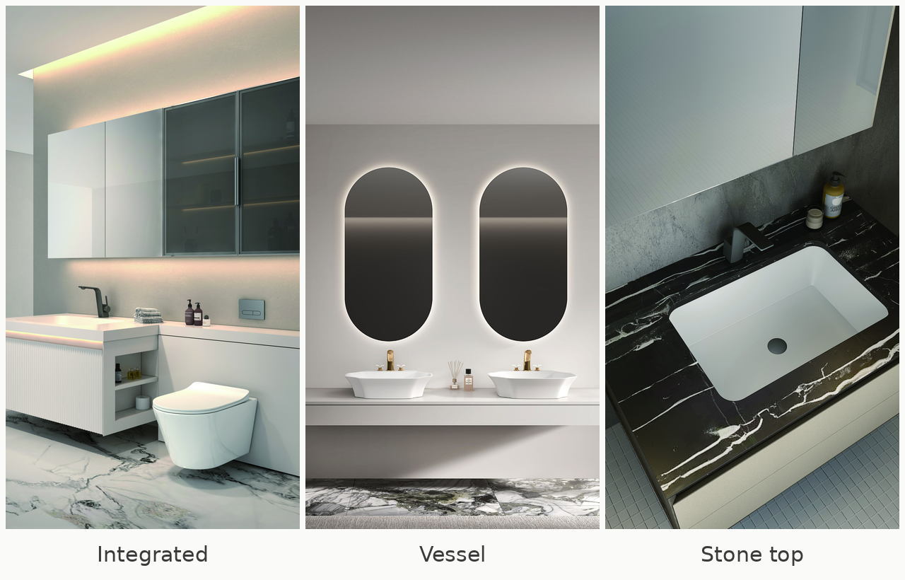 Bathroom vanity basin and countertop options including integrated basin, vessel basin, undermount basin, and faucet-hole layouts