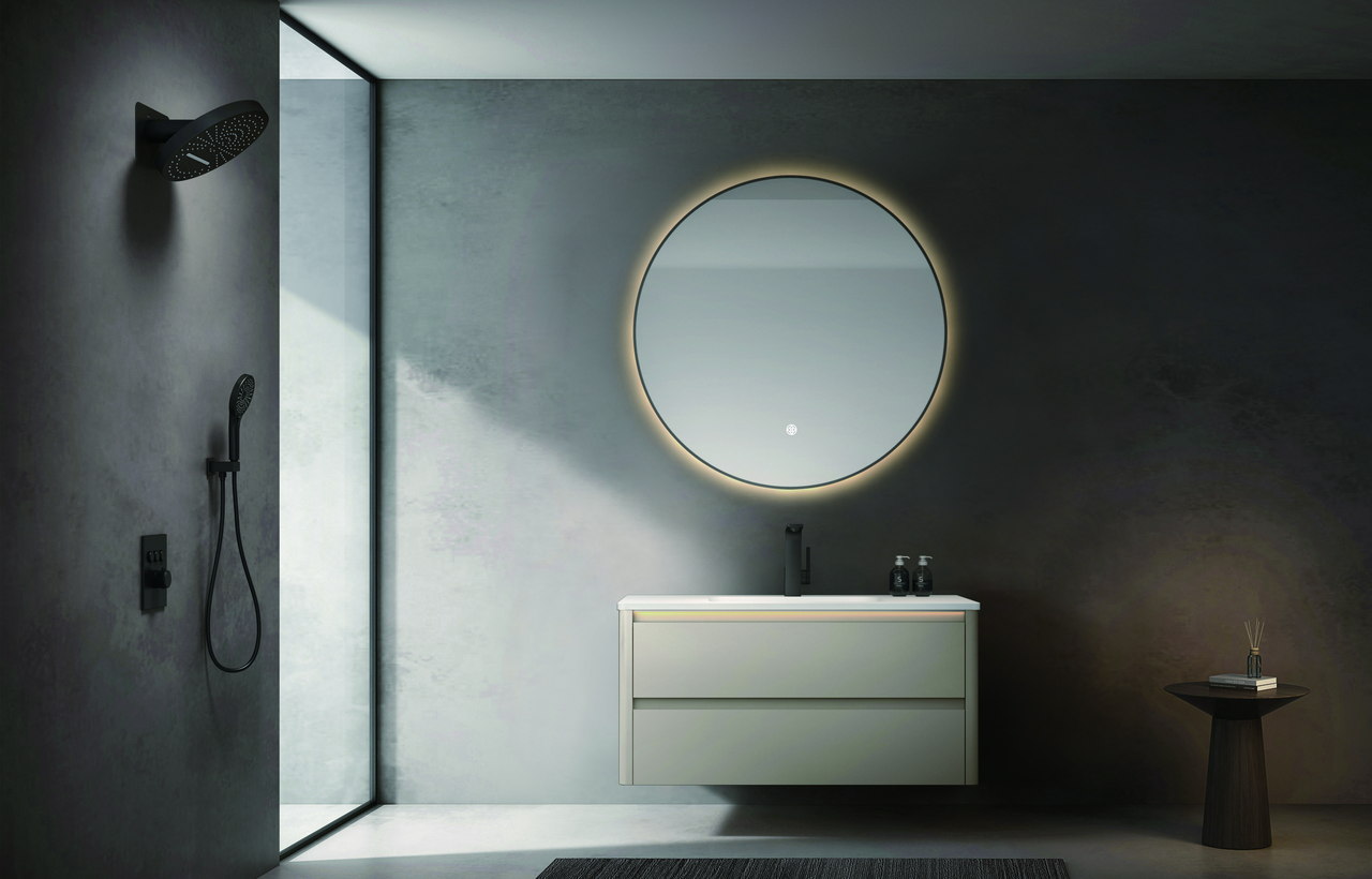 Compact bathroom layout with a wall-mounted vanity and open floor beneath