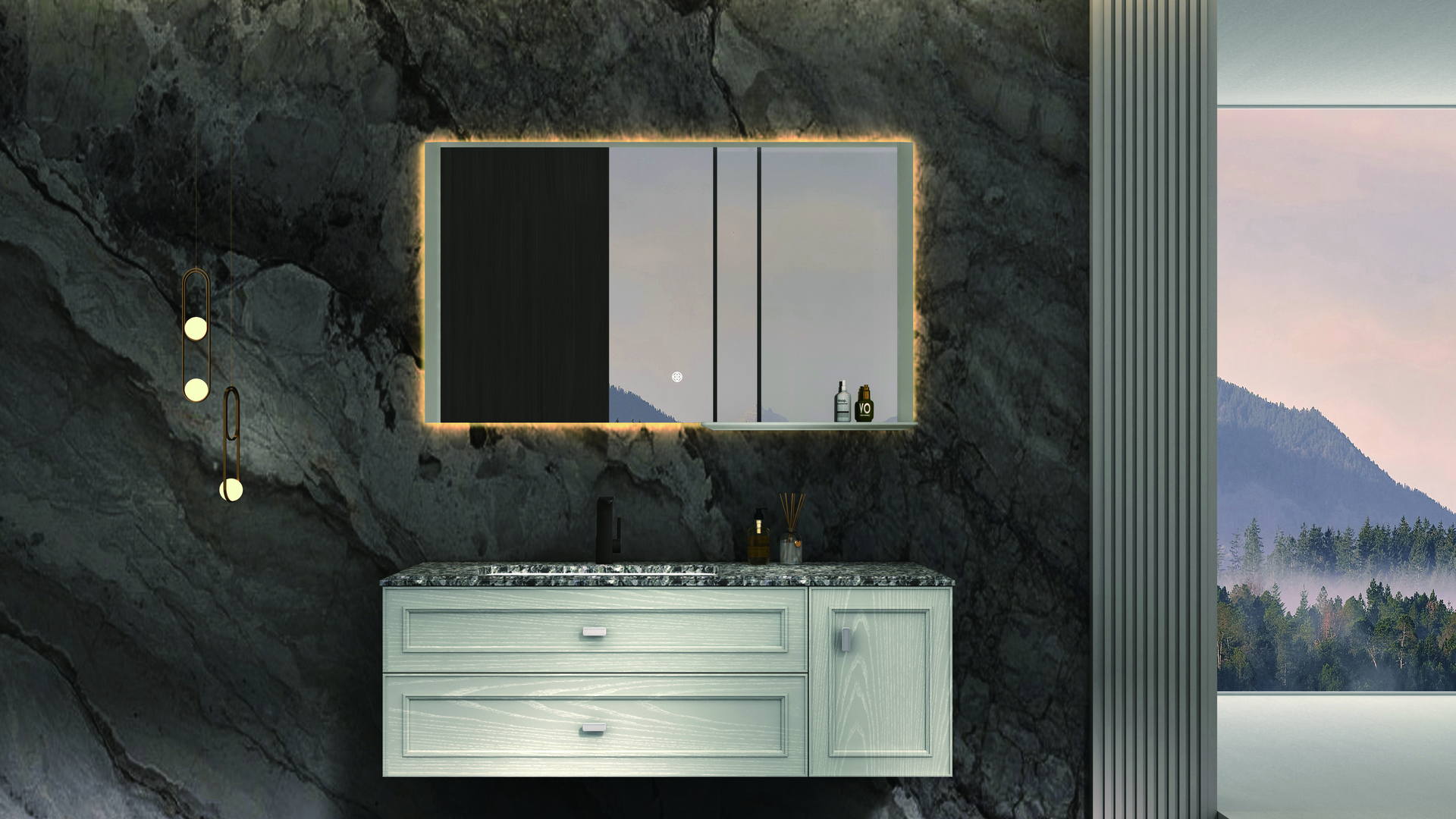 Complete bathroom vanity with cabinet, basin, countertop, mirror, drawers, and coordinated storage