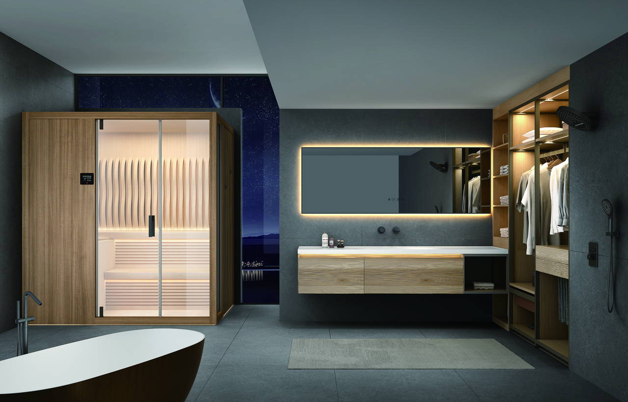 Bathroom with a wall-mounted vanity and clear floor beneath the cabinet