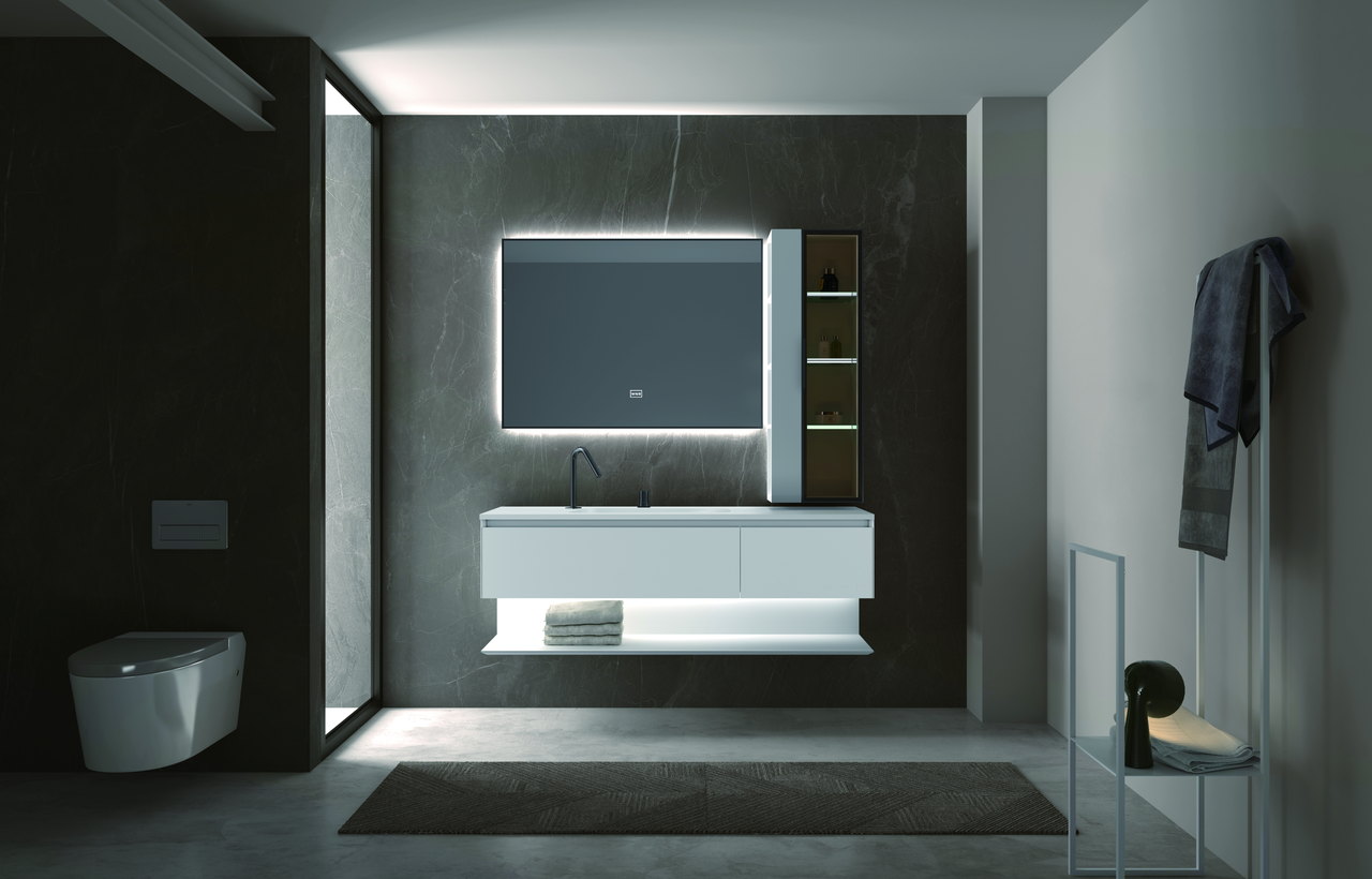 Small bathroom with a compact floating vanity showing open floor space and clear circulation around the basin area