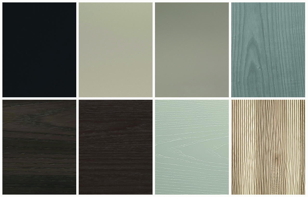 Bathroom vanity finish samples showing painted, matte, gloss, wood-look, textured, and mixed-material surfaces