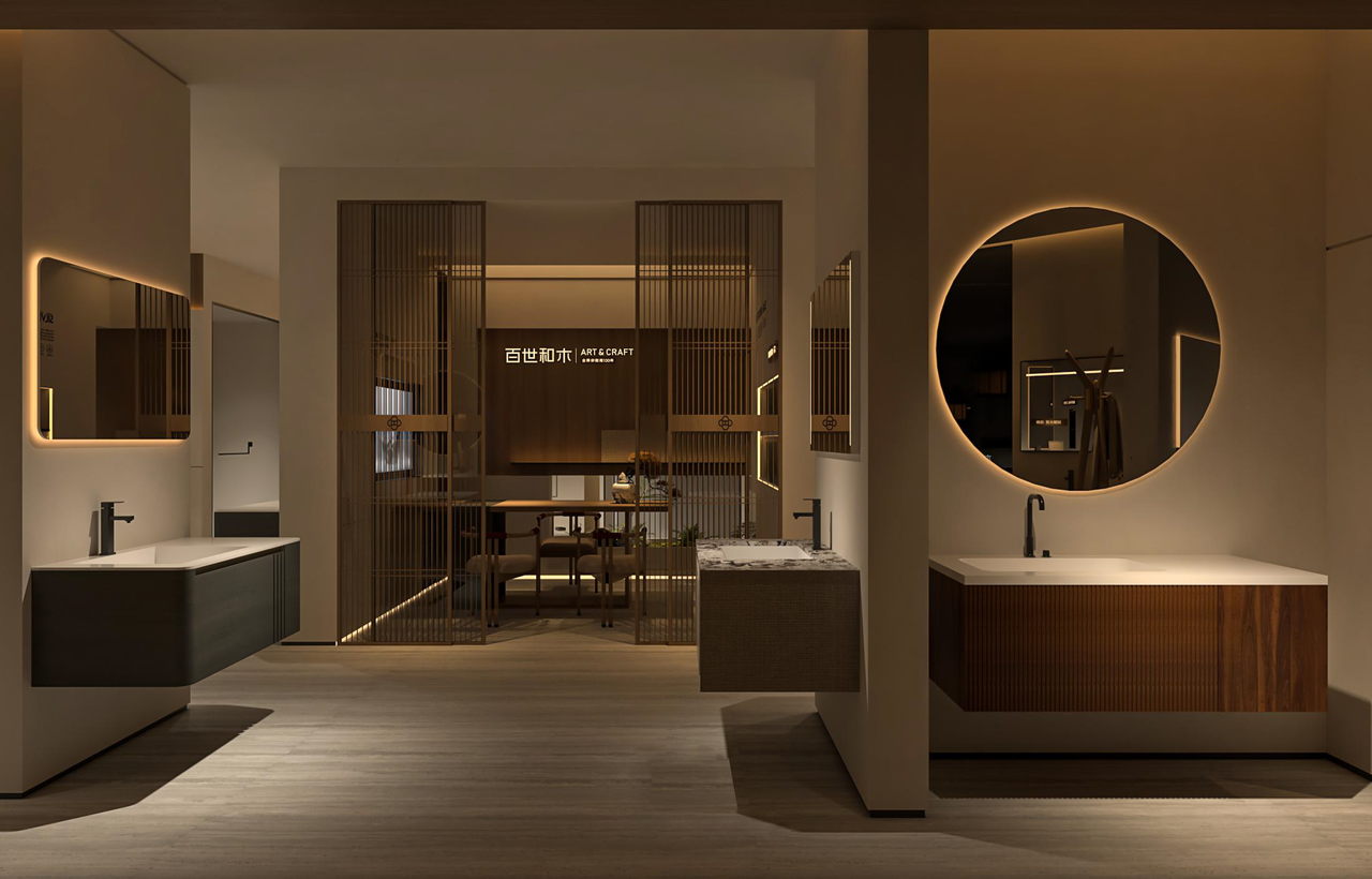 Walnut wall-mounted vanity with mirror cabinet in the showroom