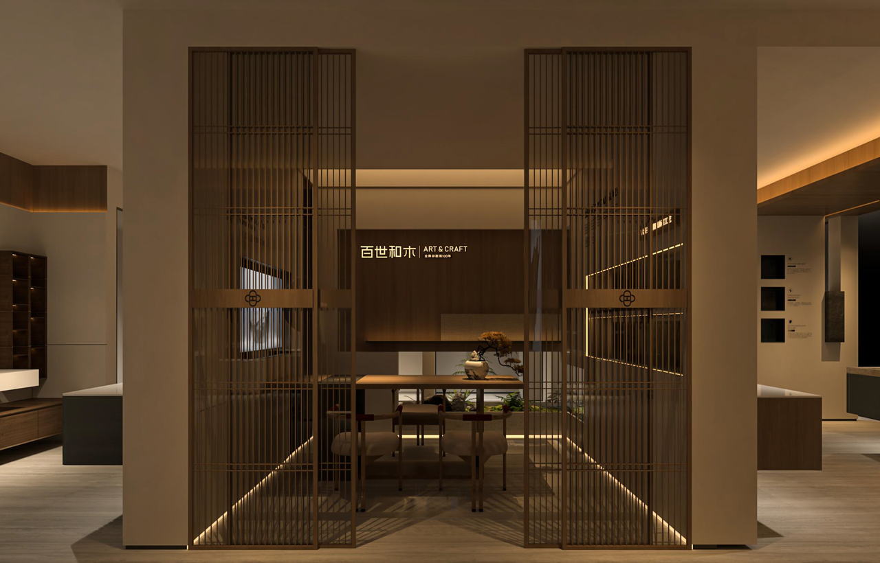 Walnut wall-mounted vanity with mirror cabinet in the showroom