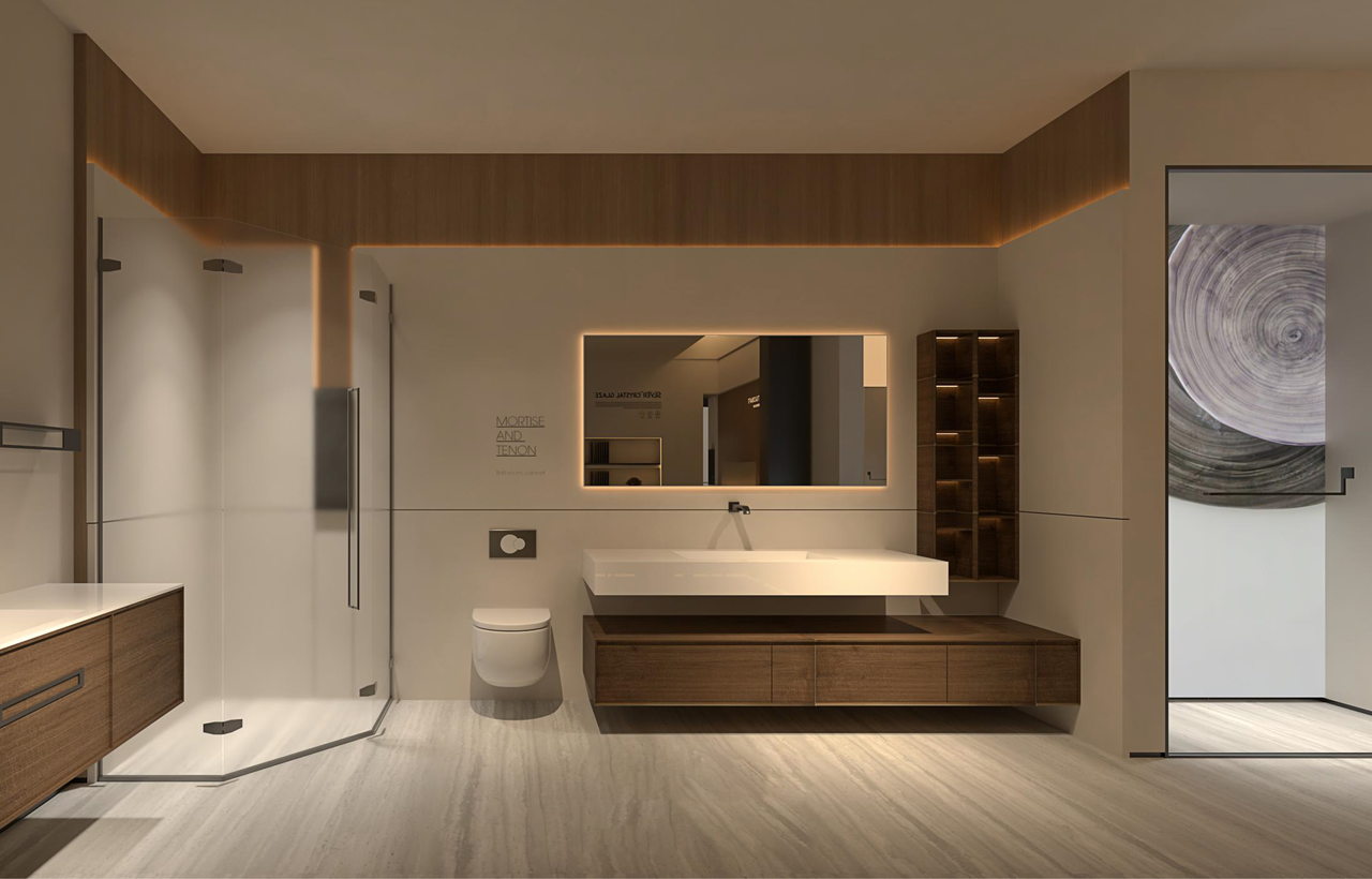 Walnut wall-mounted vanity with mirror cabinet in the showroom