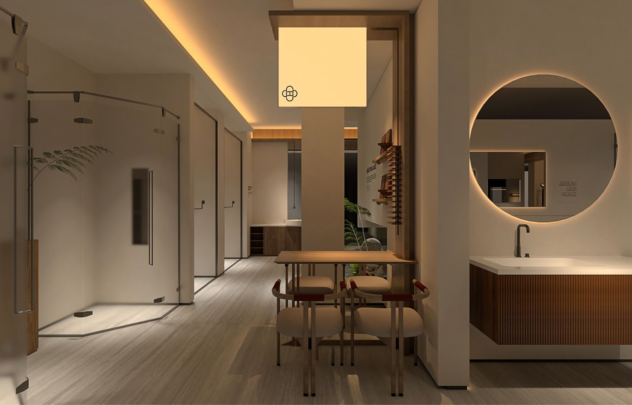 Walnut wall-mounted vanity with mirror cabinet in the showroom