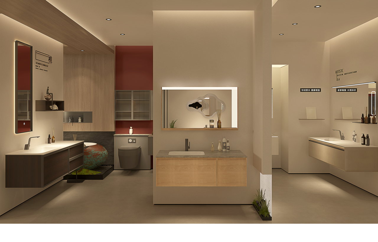 B2B bathroom vanity sourcing meeting with product drawings, approved finish samples, export cartons, and project room schedules