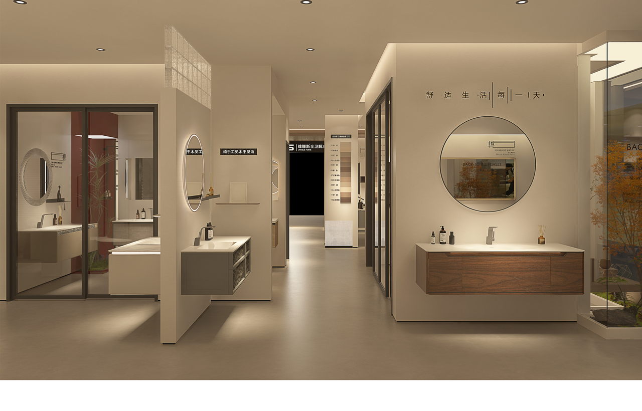 Bathroom buyer reviewing a wall-mounted vanity drawing, basin sample, cabinet finish sample, and mounting components