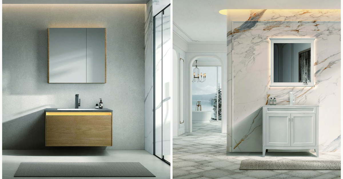 Completed bathroom project showing a wall-mounted vanity and a floor-standing vanity as two practical design options