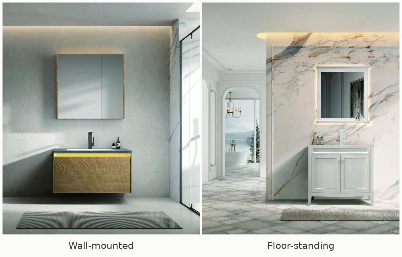 Wall-mounted and floor-standing bathroom vanity shown side by side