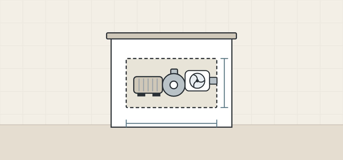 Illustration of a built-in bathtub apron with an access opening showing a pump and a blower, with size brackets