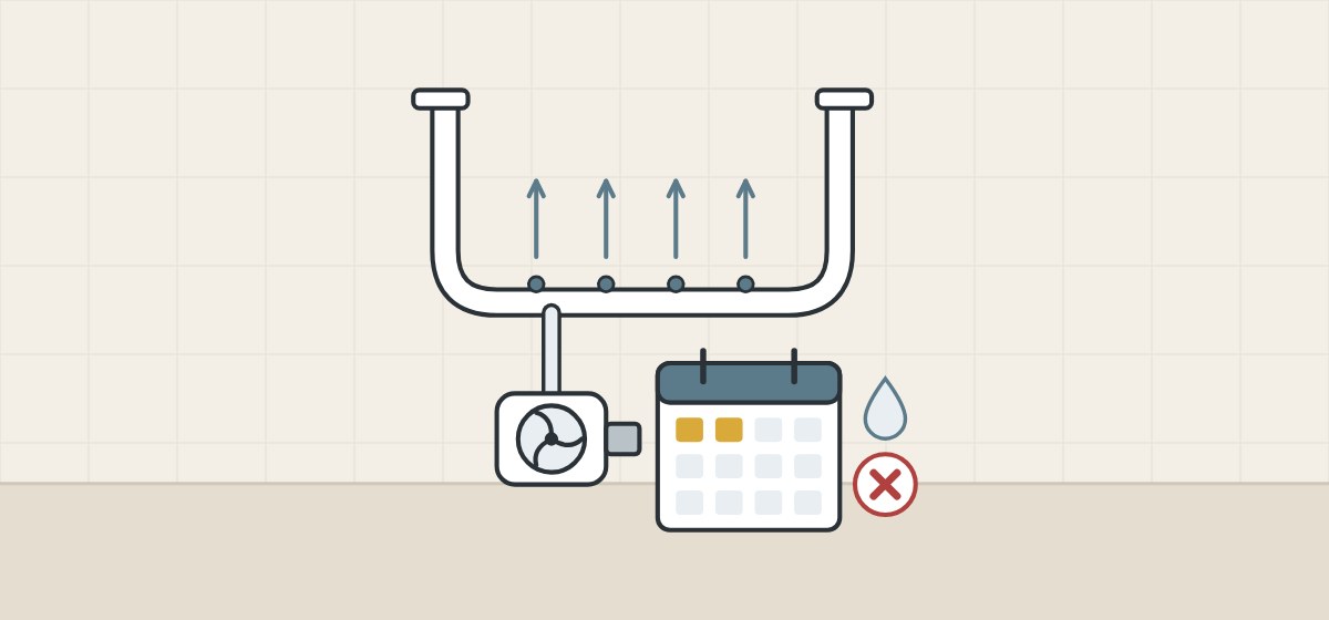 Illustration of an empty bathtub with a blower pushing air through its floor outlets beside a calendar and a crossed-out drop