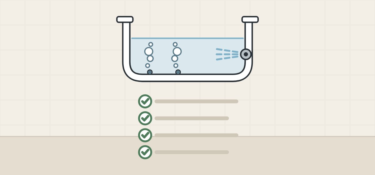 Illustration of a bathtub with air bubbles and a water jet beside a ticked checklist