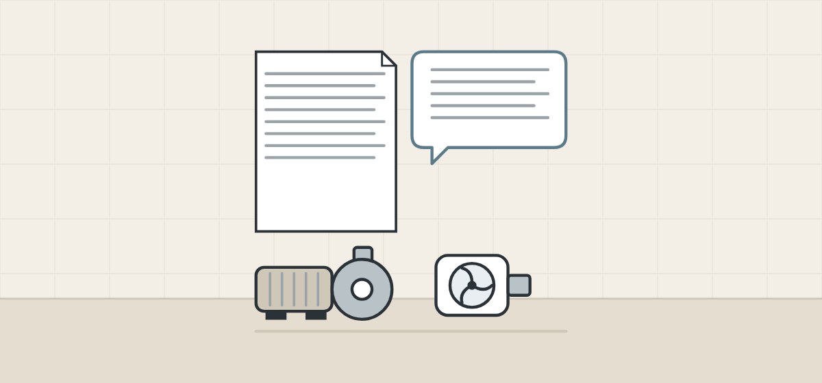 Illustration of a document and a message bubble above a pump and a blower