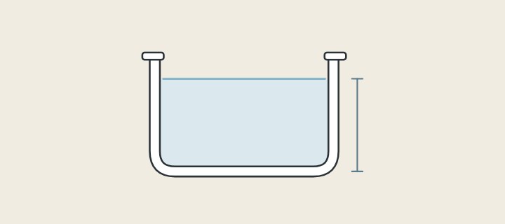 Illustration of a deep bathtub in section filled high with water, with a depth bracket