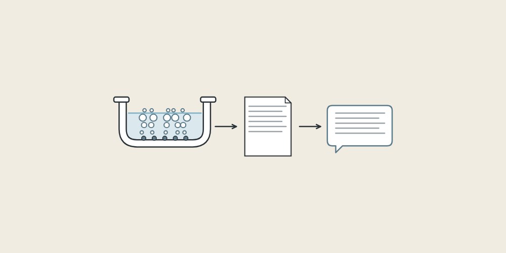 Illustration of a bathtub with bubbles, a document and a message bubble linked by arrows