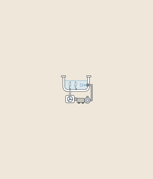 Illustration of a bathtub in section with air bubbles from the floor and a water jet in the wall, above a blower and a pump