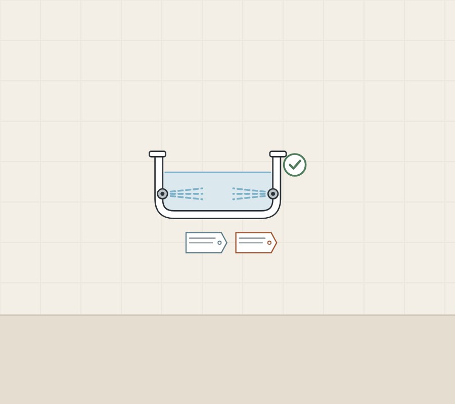 Illustration of a bathtub with water jets, two tags and a tick