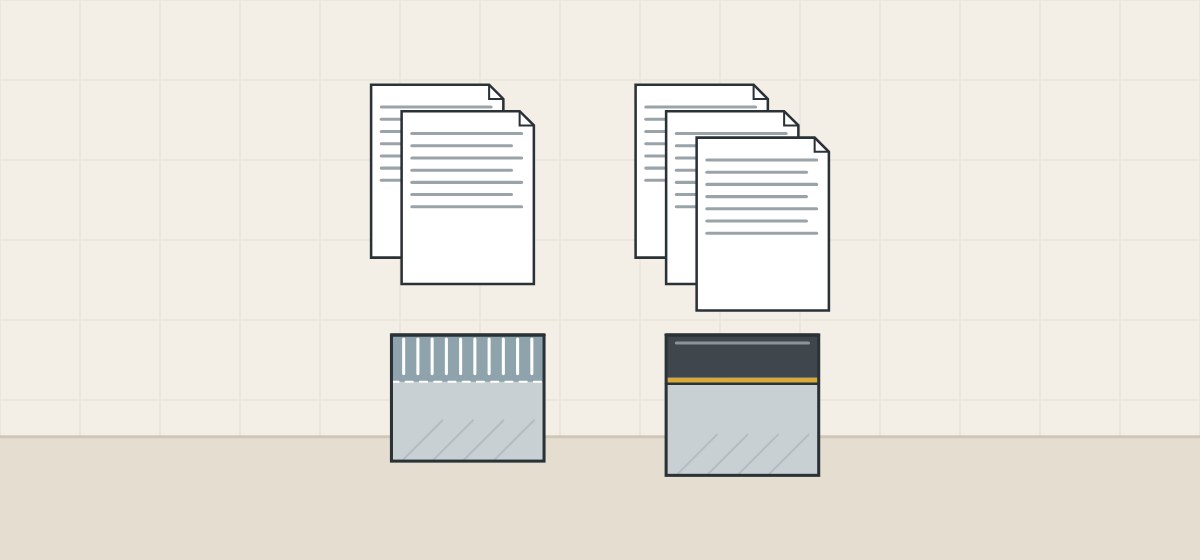 Illustration of one stack of documents above an anodized surface in section and another above a powder-coated surface in section