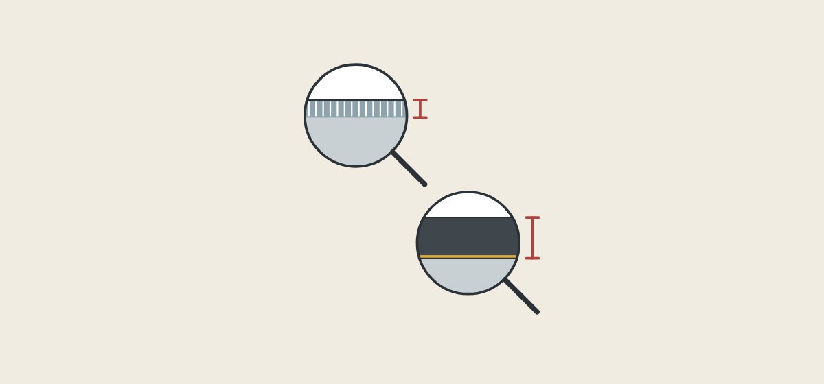 Illustration of two magnifiers, one showing an oxide layer and one a coating layer on metal, each with a thickness mark