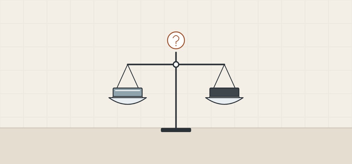 Illustration of a level balance holding an anodized profile piece in one pan and a powder-coated piece in the other, under a question mark