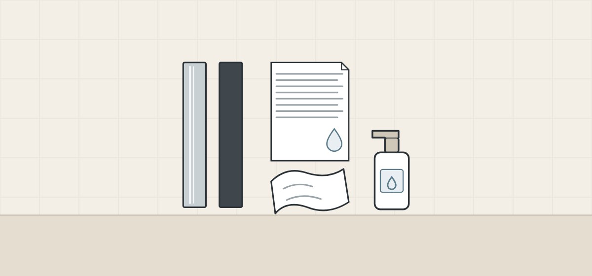Illustration of two profile lengths with different finishes beside a care sheet, a soft cloth and a bottle of cleaner