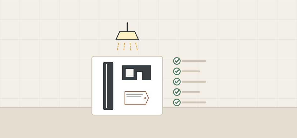 Illustration of a finished profile length and its tagged cross-section under a lamp beside a ticked checklist