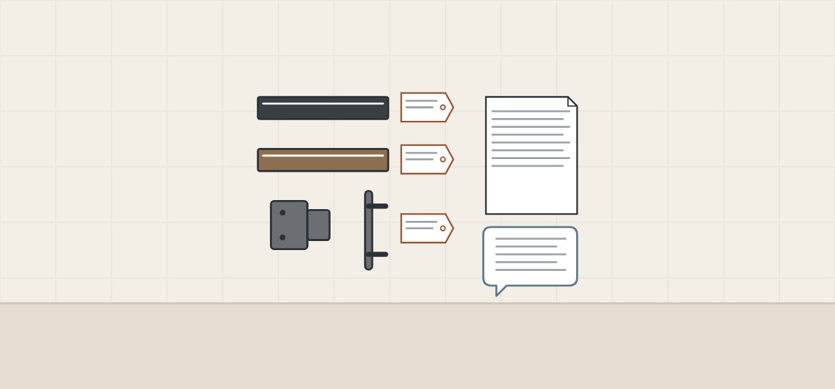 Illustration of two tagged profile pieces and a tagged hinge and handle, beside a document and a message bubble
