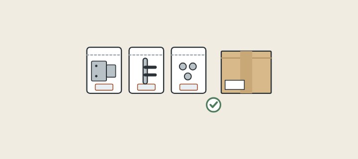 Illustration: three labelled bags holding a hinge, a handle and fixings beside a carton and a tick