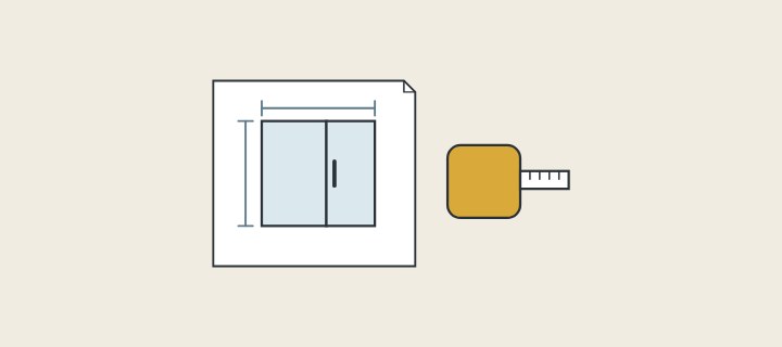 Illustration: a drawing sheet showing a glass enclosure with dimension lines, beside a tape measure