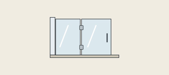 Illustration: a frameless glass shower enclosure with a fixed panel, a hinged door and a handle