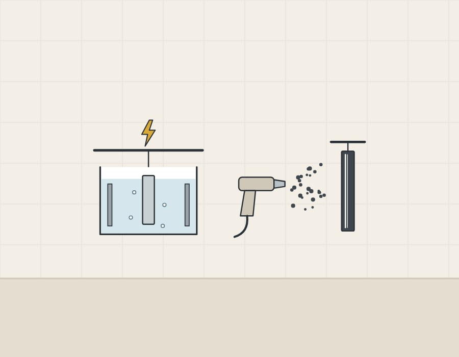 Illustration of a profile length hanging in a process bath beside a spray gun sending powder towards a hanging profile