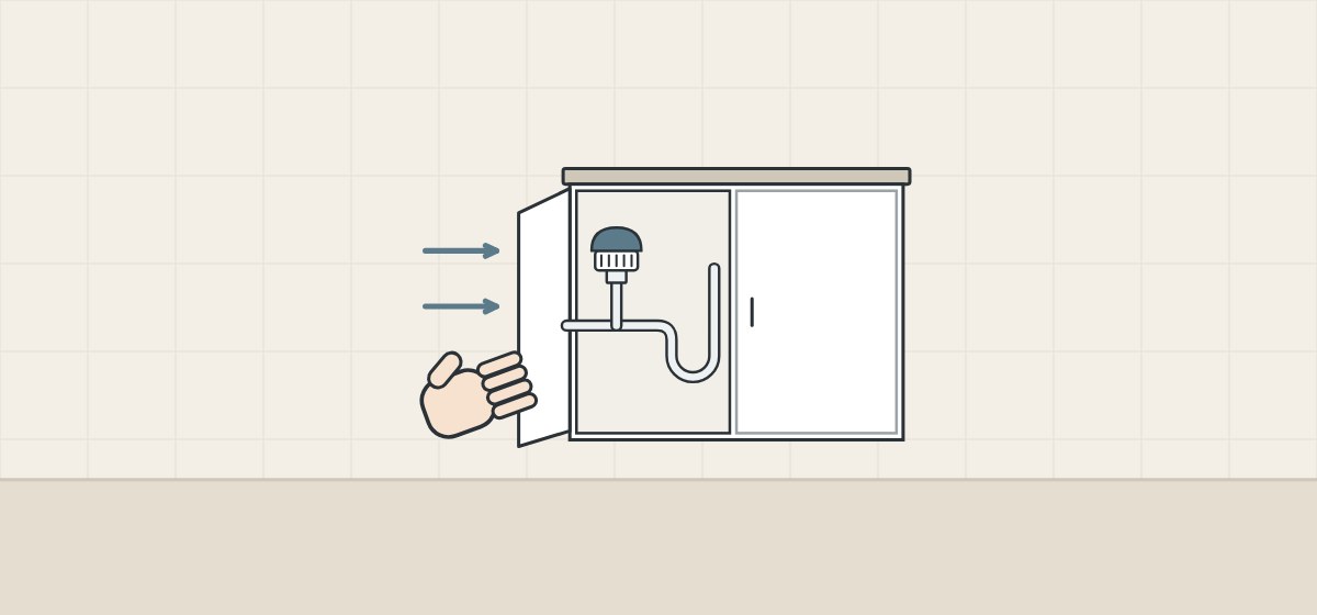 Illustration of a vanity with one door open, arrows showing air entering the cabinet and a hand reaching in
