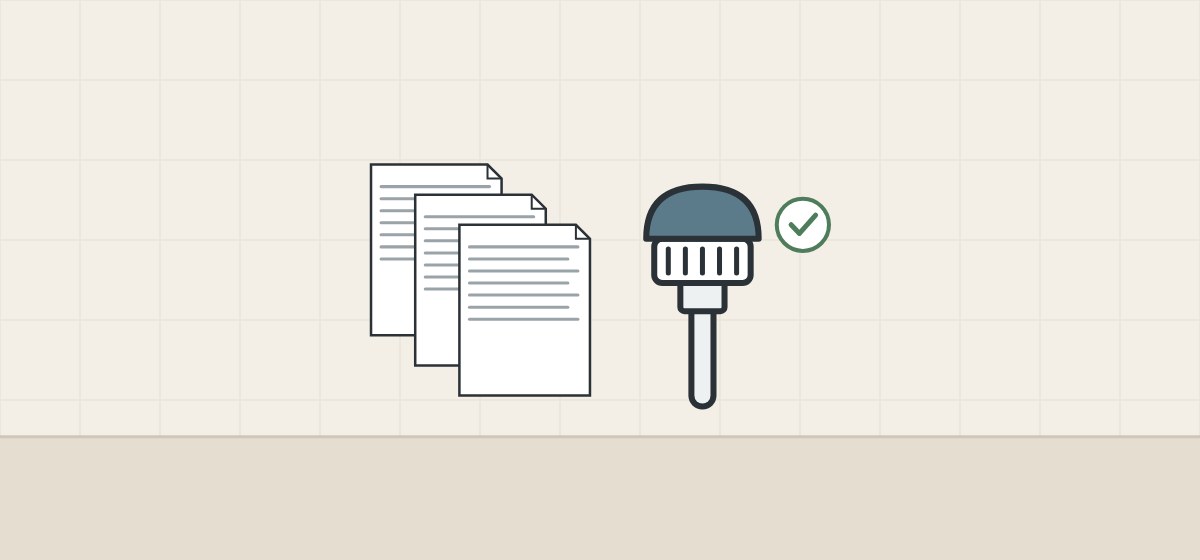 Illustration of three stacked standard documents beside a valve on a short pipe, with a tick