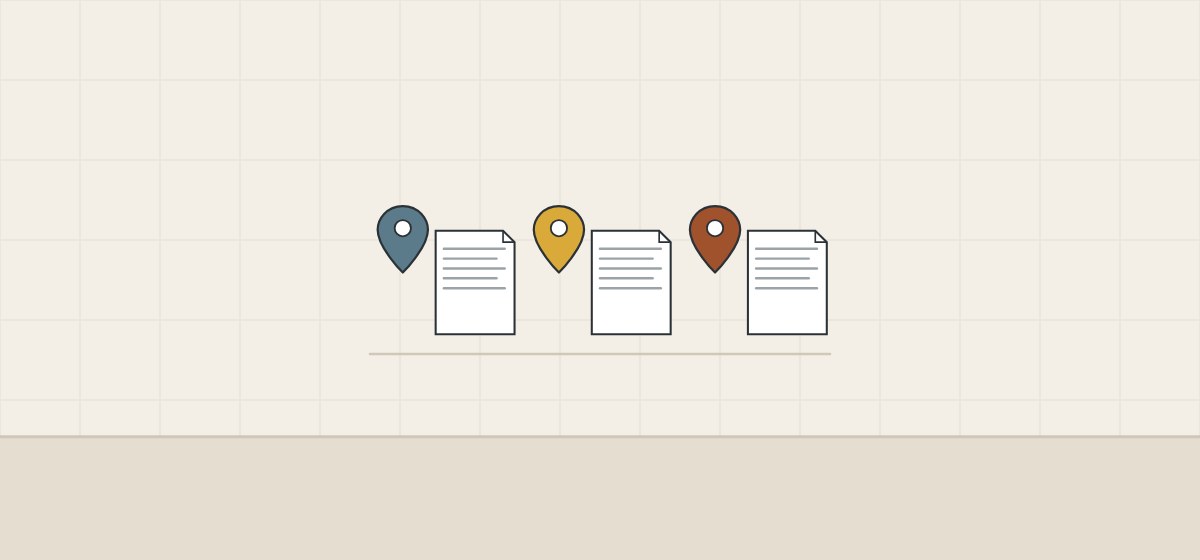 Illustration of three location pins, each beside its own document