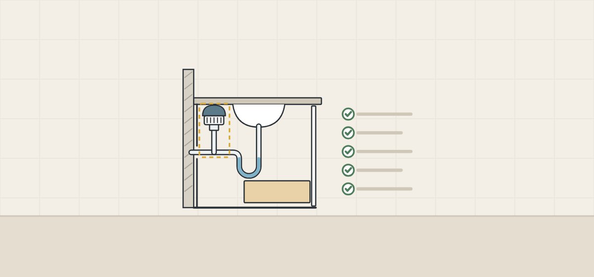 Illustration of a vanity in side section with a drawer set forward of a dashed keep-clear zone around the valve, beside a ticked checklist