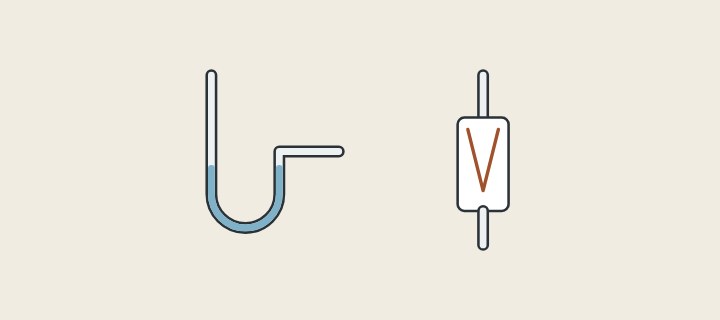 Illustration: a water-seal trap holding water beside a straight trap body with a membrane inside