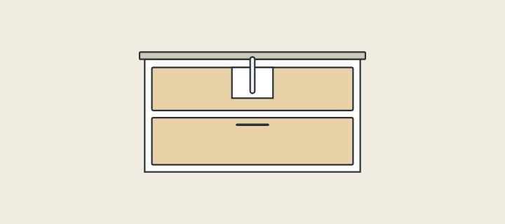 Illustration: a vanity front with two drawers, the upper one notched around the drain pipe