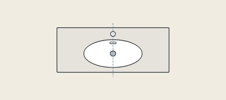 Illustration: a vanity top from above with a basin opening, faucet hole, overflow slot and drain on one centre line