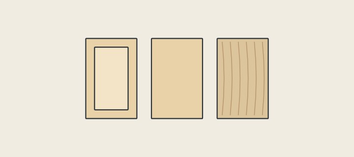 Illustration: three vanity doors side by side: frame-and-panel, slab and veneered