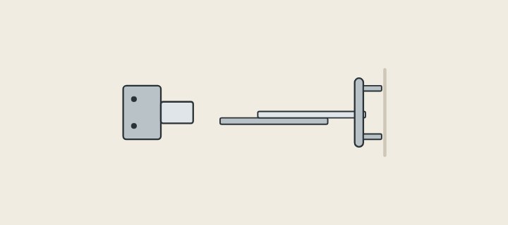 Illustration: a cabinet hinge, a drawer runner and a bar handle