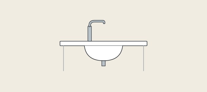 Illustration: a vanity top in section with an integrated basin, a faucet and a waste outlet