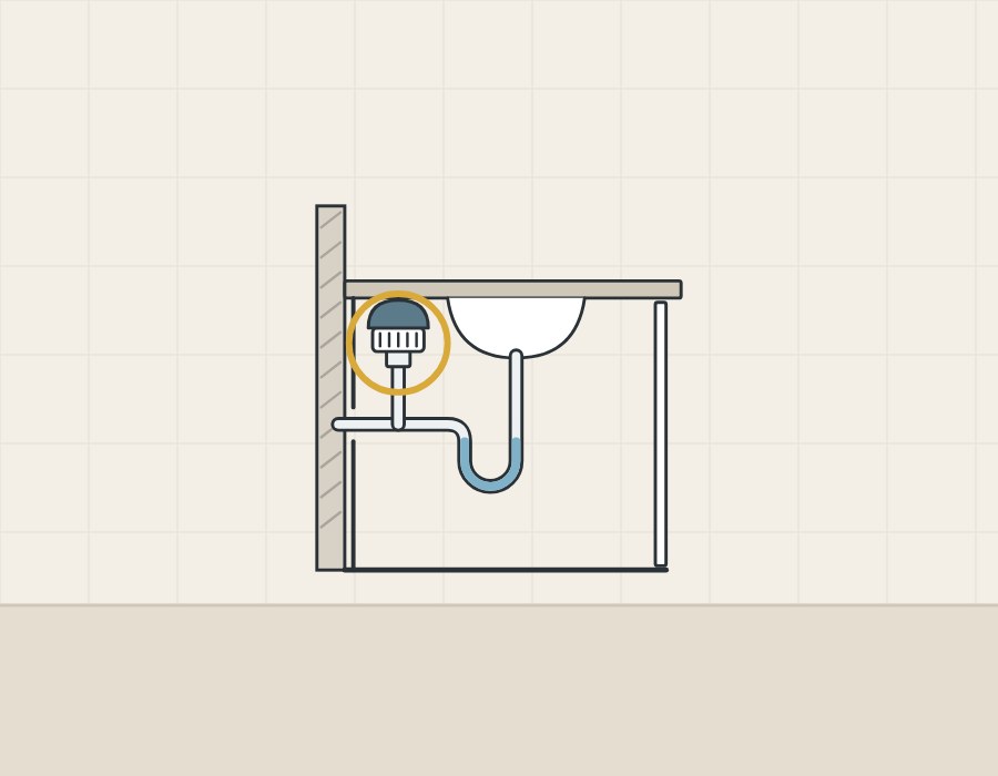 Illustration of a vanity in side section with the basin drain, trap and a circled valve on a backsplash inside the cabinet