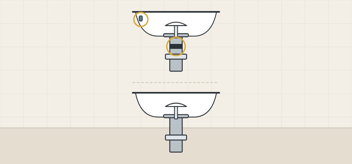 Illustration of a basin with an overflow opening and a slotted drain above a basin without an overflow and an unslotted drain