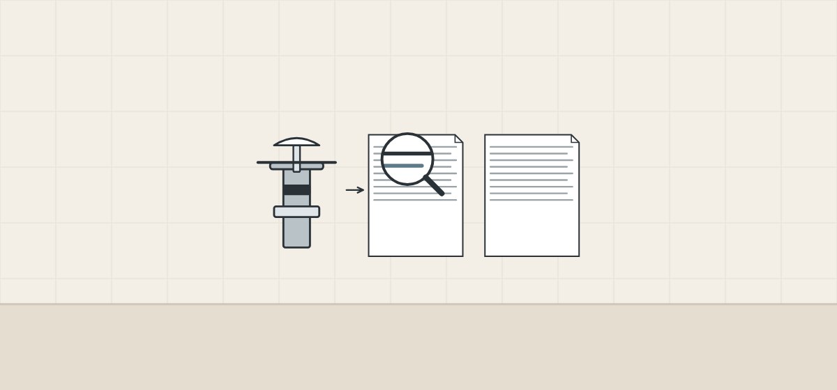 Illustration of a push-open drain beside two data sheets, with a magnifier on the title lines of the first sheet