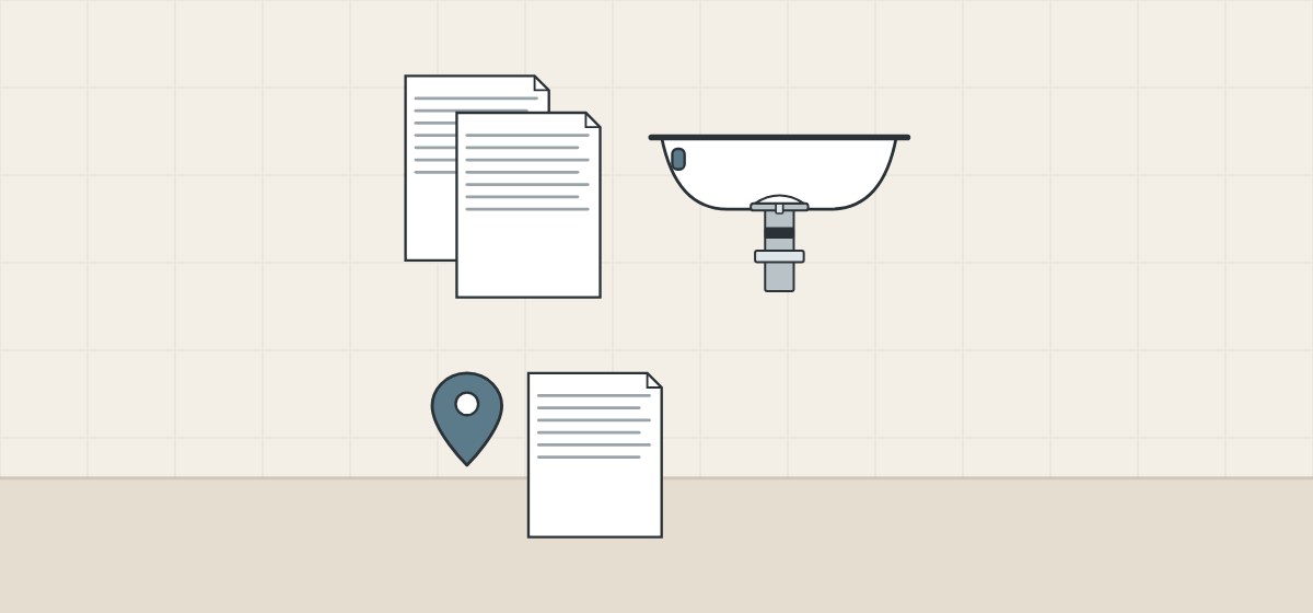Illustration of two standard documents beside a basin with a drain, and a location pin with a code document