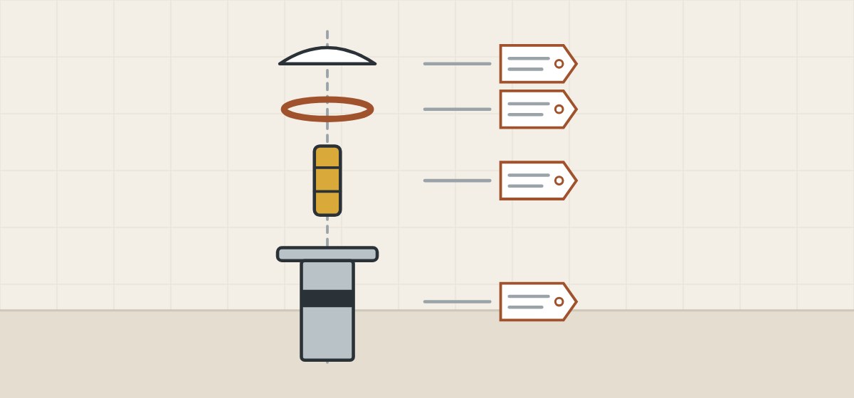 Illustration of a push-open drain taken apart into cap, seal ring, clicker mechanism and body, each with a blank part tag