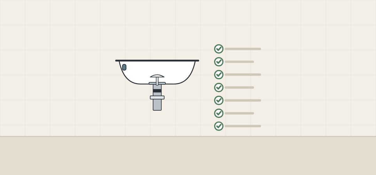 Illustration of a basin with a push-open drain beside a checklist of seven ticked lines