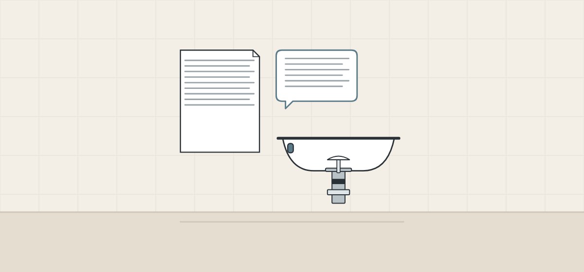Illustration of a document, a message bubble and a basin with a drain