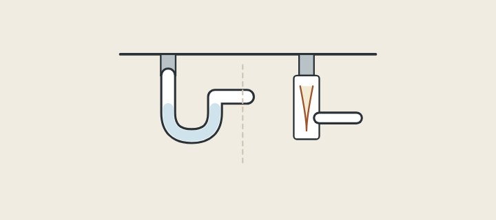Illustration of a U-bend trap holding a water seal beside a straight trap body with a flexible membrane inside